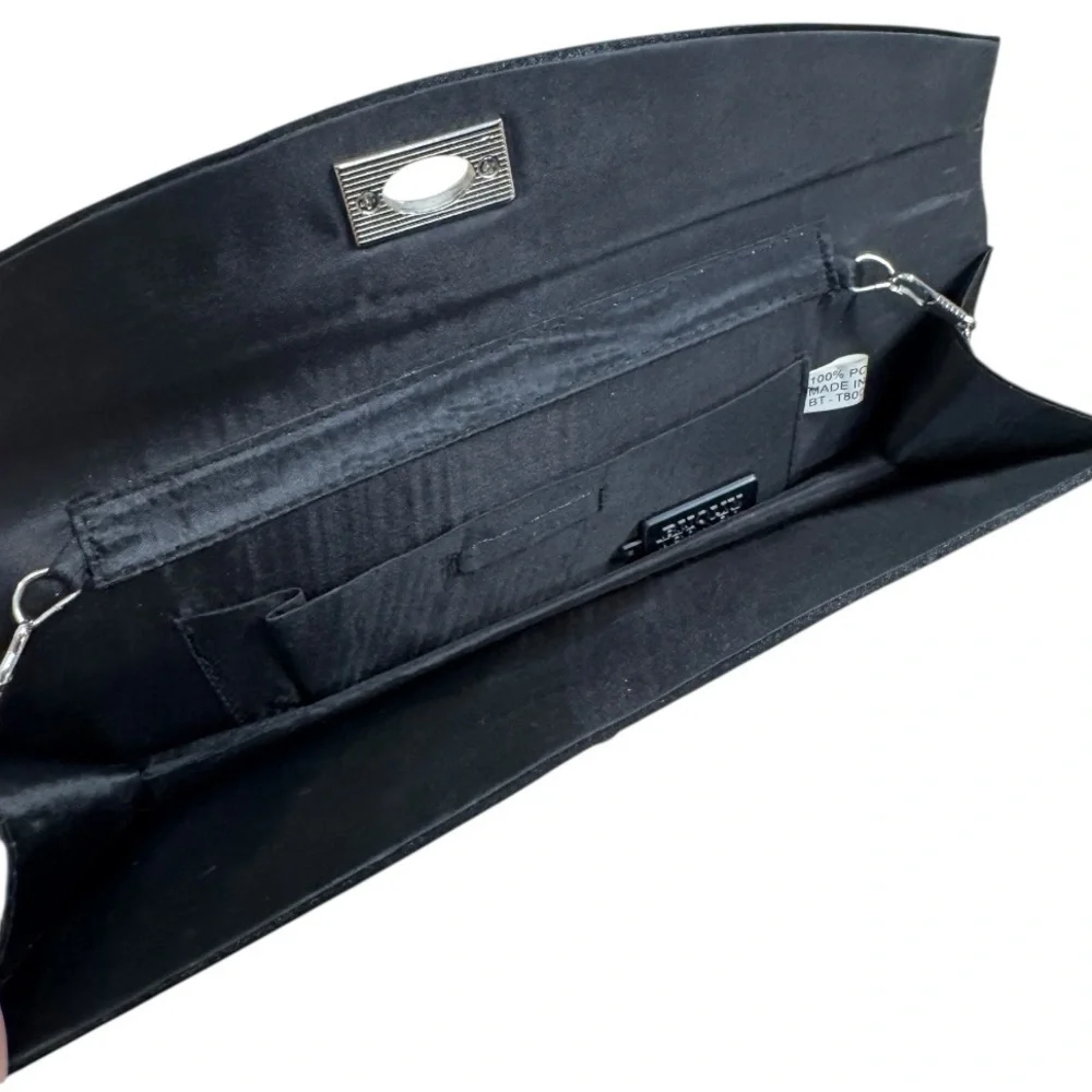 Bijoux Terner Black Satin Boxy Clutch Purse w/ Hideaway Chain Crossbody
